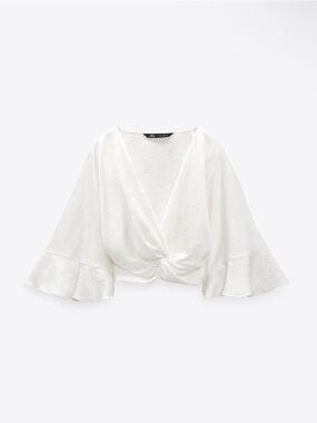Zara White Knot-Front V-Neck Bell Sleeve Crop Top with Side Zipper NWOT. XL